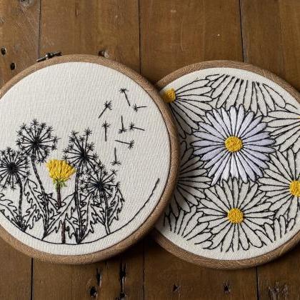 Daisies And Dandelion Embroidered Hoops Hand..