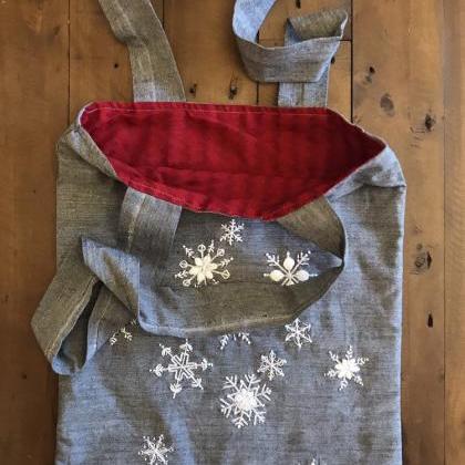 Snowflake hand embroidered tote bag..