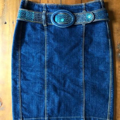 Upcycled Denim Embroidered Pencil Skirt With..