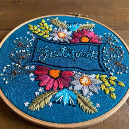 Gratitude Text Spring Flowers Embroidered Floral..