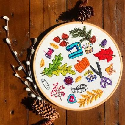 Autumn Sewing Tools Inspired Hand Embroidered Hoop