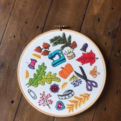 Autumn Sewing Tools Inspired Hand Embroidered Hoop