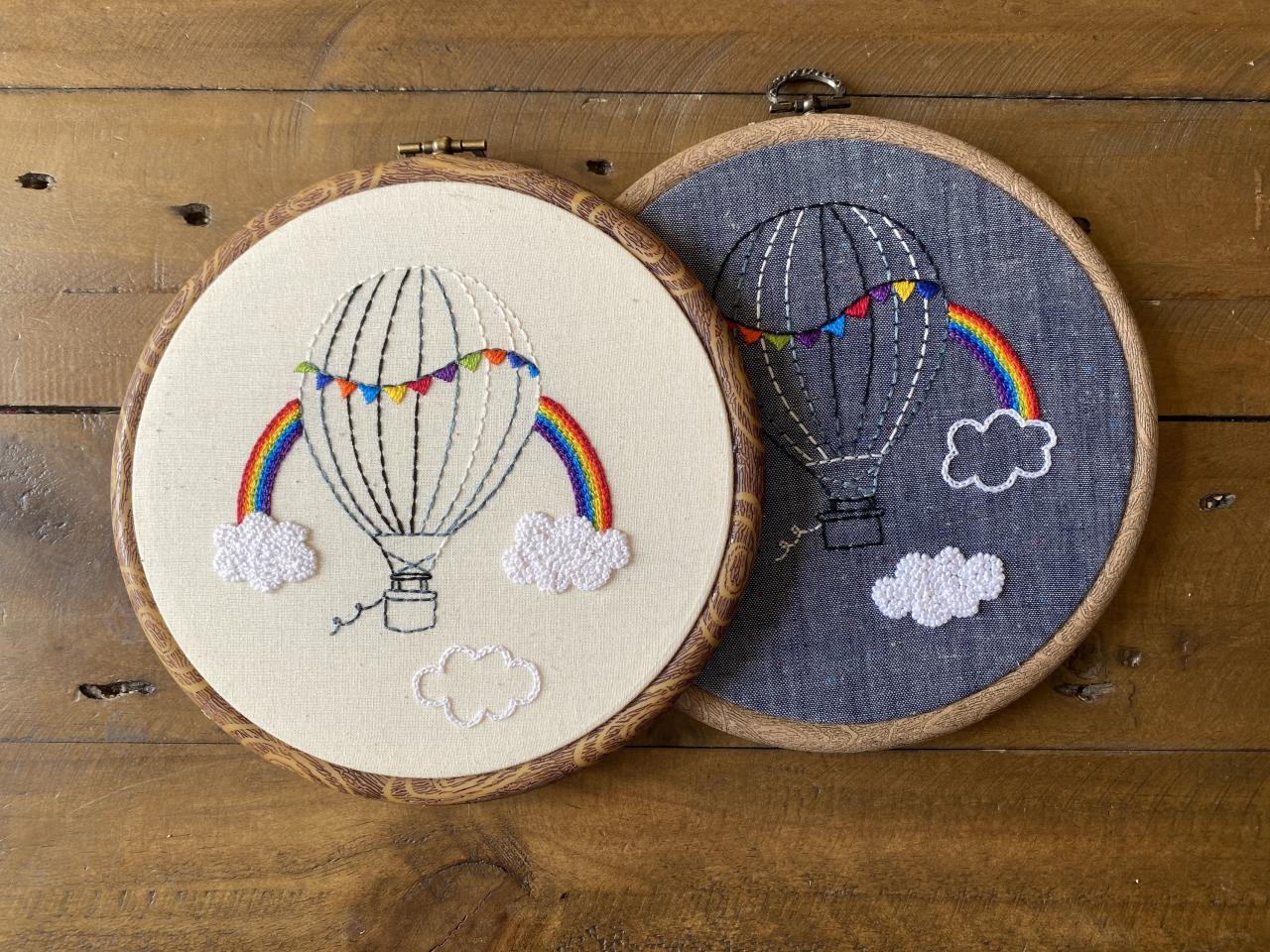 Original Art Hot air balloon rainbow in the clouds embroidered hoop