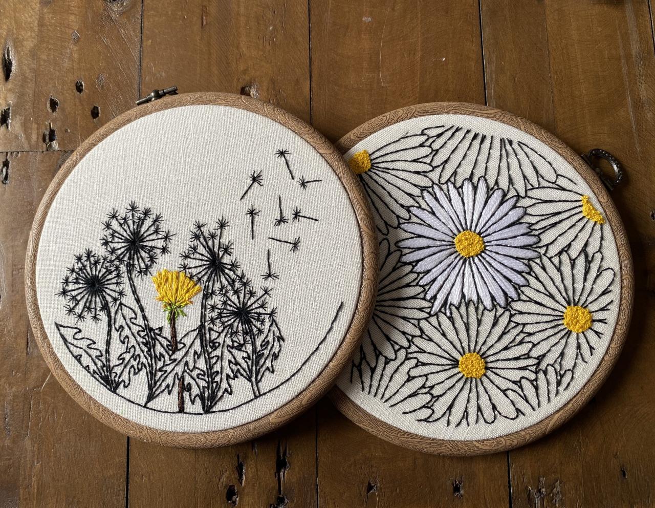 Daisies And Dandelion Embroidered Hoops Hand Embroidered Hoop Summer Flower Embroidered