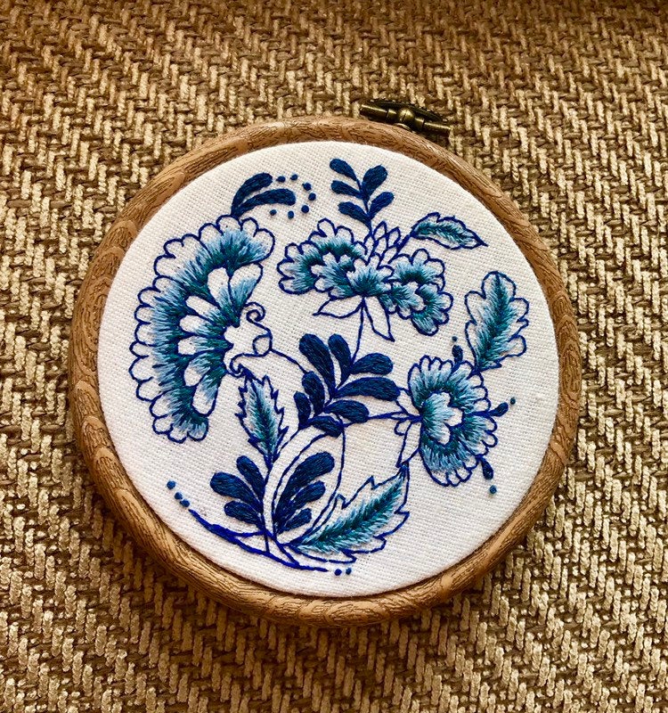 Delft blue pottery inspired hand embroidery hoop