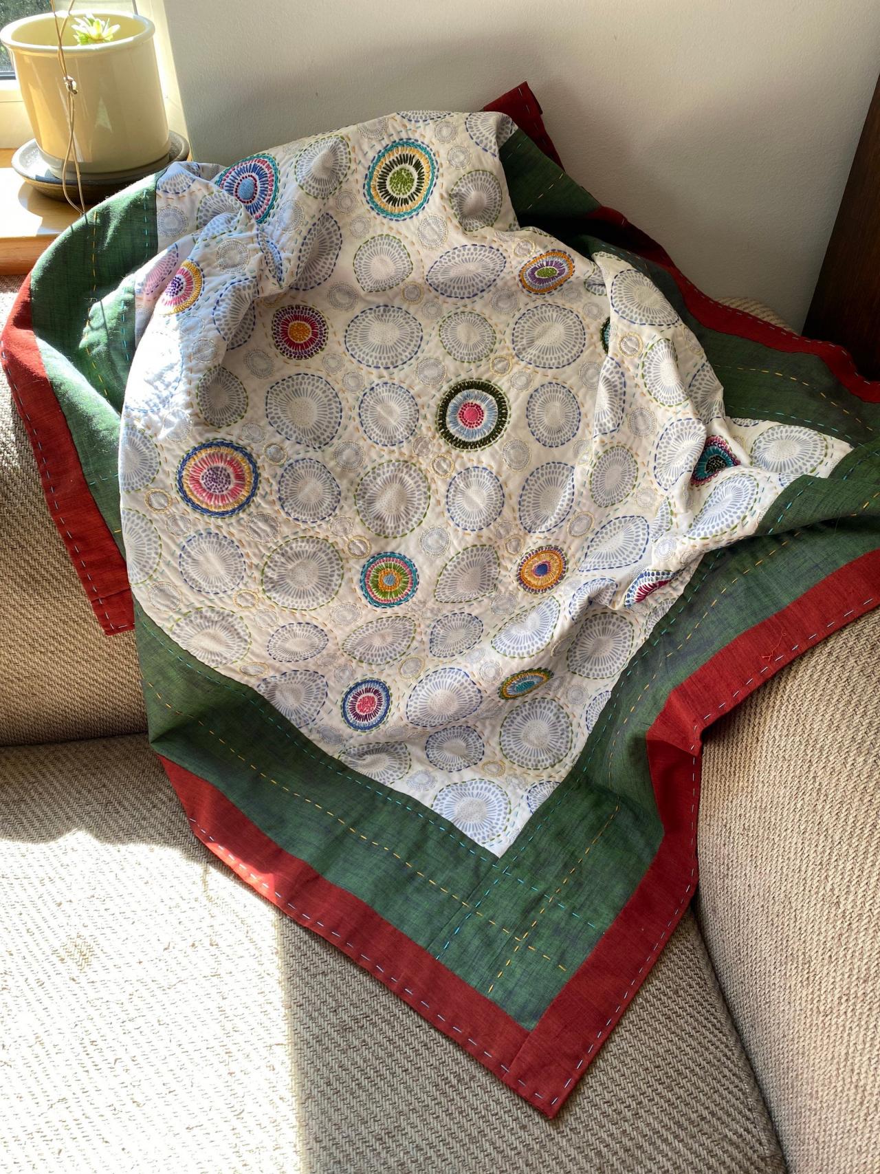 Hand Embroidered Hand Quilted Cot Sized Baby Quilt 36” X 45”