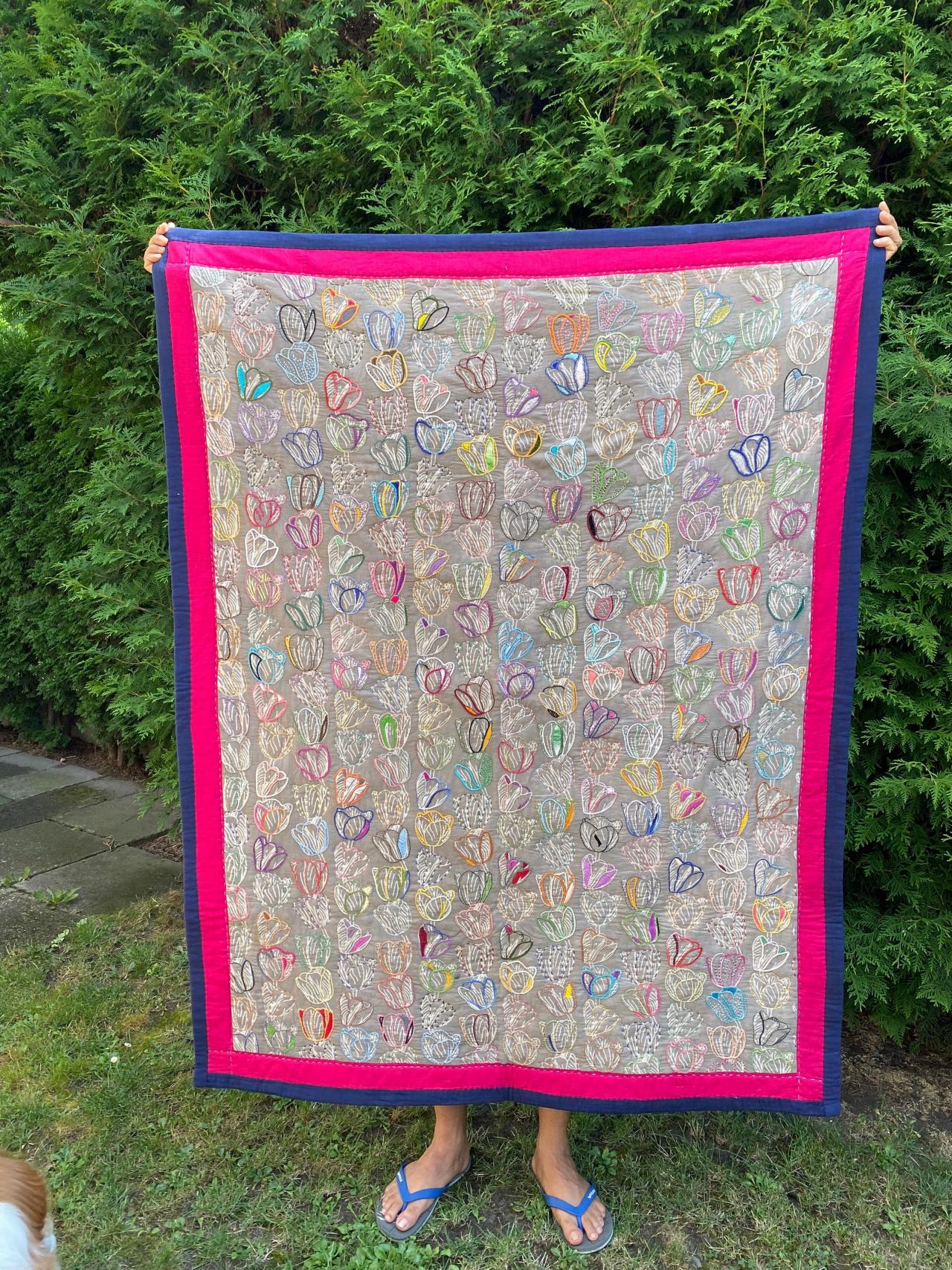 Hand embroidered and handmade throw quilt 50”X 65”
