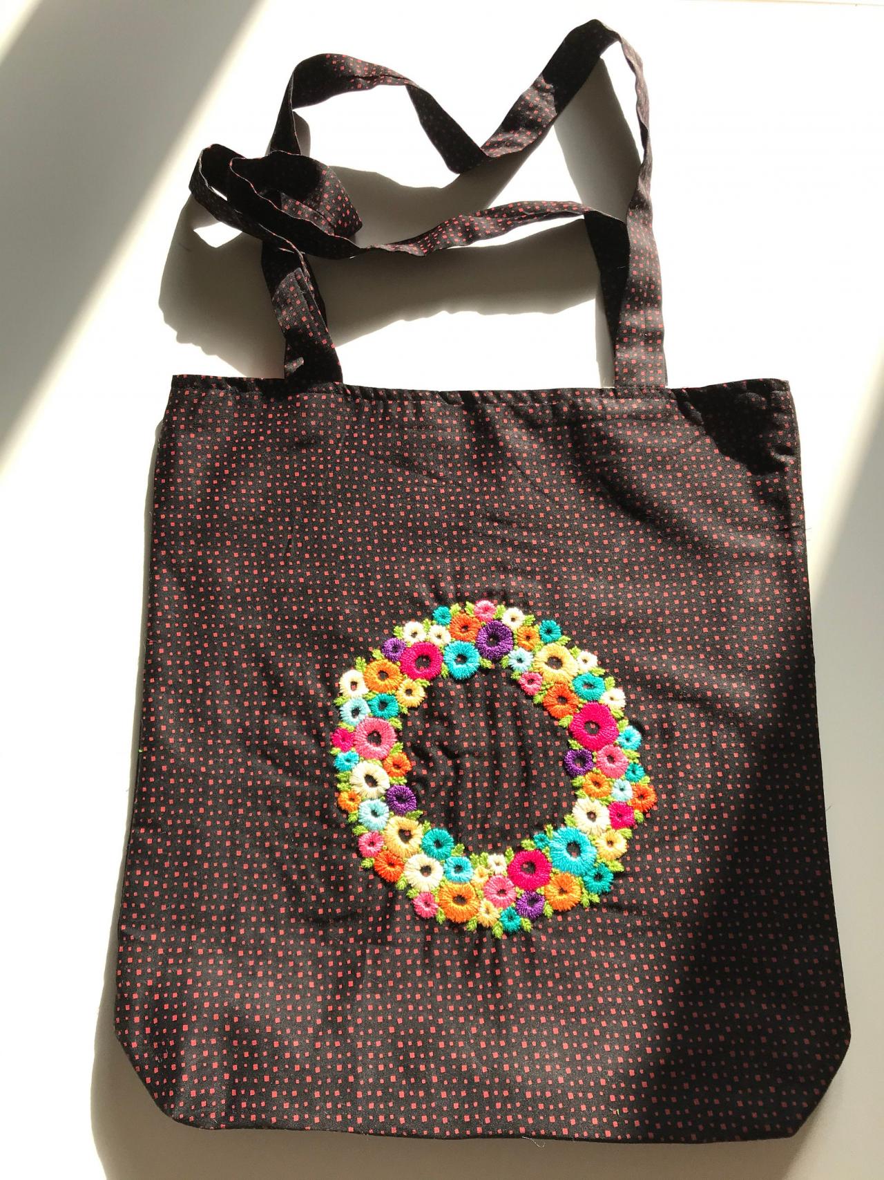 Floral Wreath Hand Block Printed Hand Embroidered Tote Bag Shopper Bag Fully Lined Bag