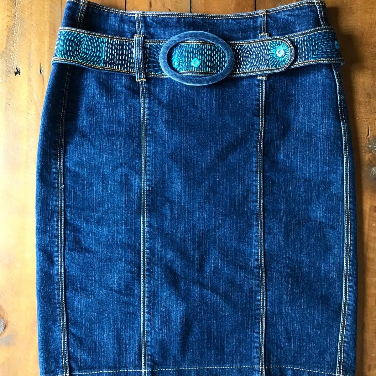 Upcycled Denim Embroidered Pencil Skirt With Removable Belt