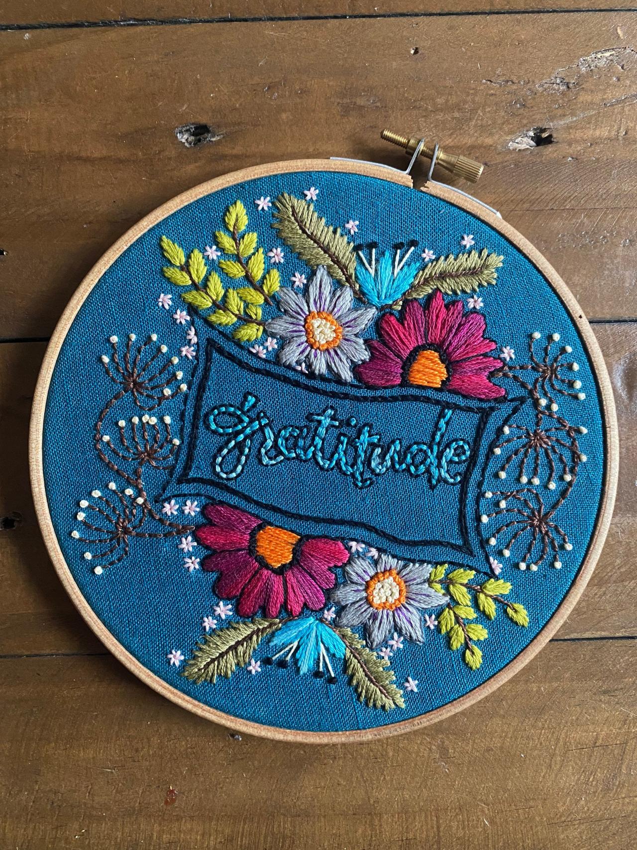 Gratitude Text Spring Flowers Embroidered Floral Hoop