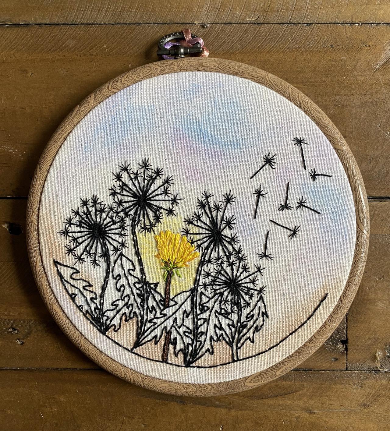 Dandelion Hand Embroidered And Water Coloured Mixed Media Hoop For Spring