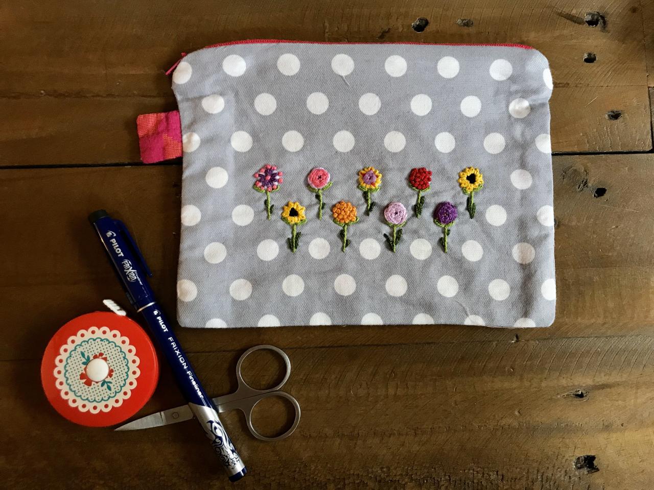 Hand embroidered Polka dot coin purse utility pouch handmade makeup purse