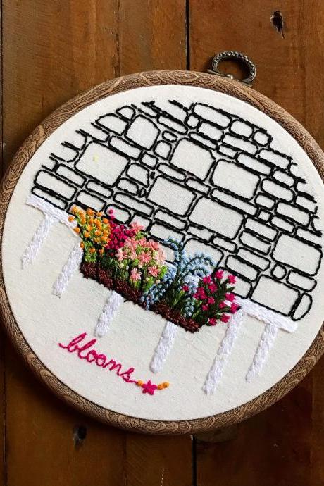 Blooms text floral embroidered spring hoop