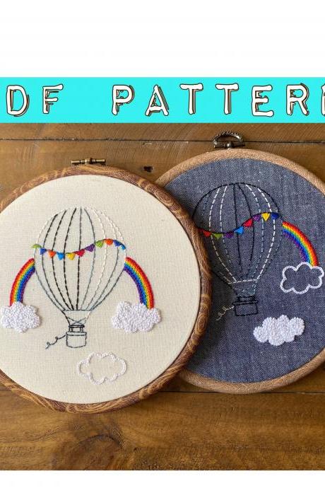 Hot air balloon rainbow in the clouds embroidery PDF Pattern