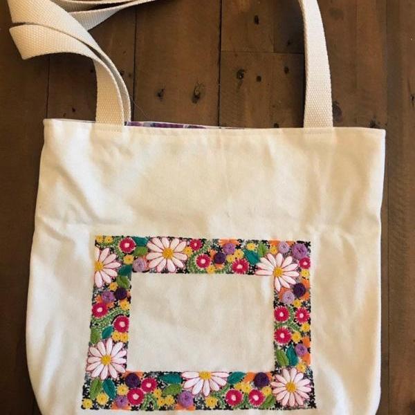 Floral pattern Embroidered Tote Bag/ Gift for self flower embroidered shopper bag lined bag